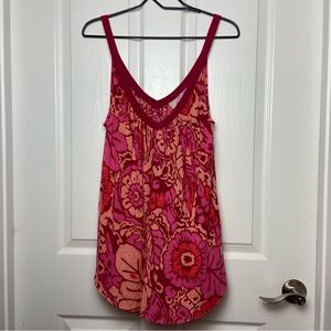 Free People Pink & Orange Floral Flowy V-Neck Tank Top Size S